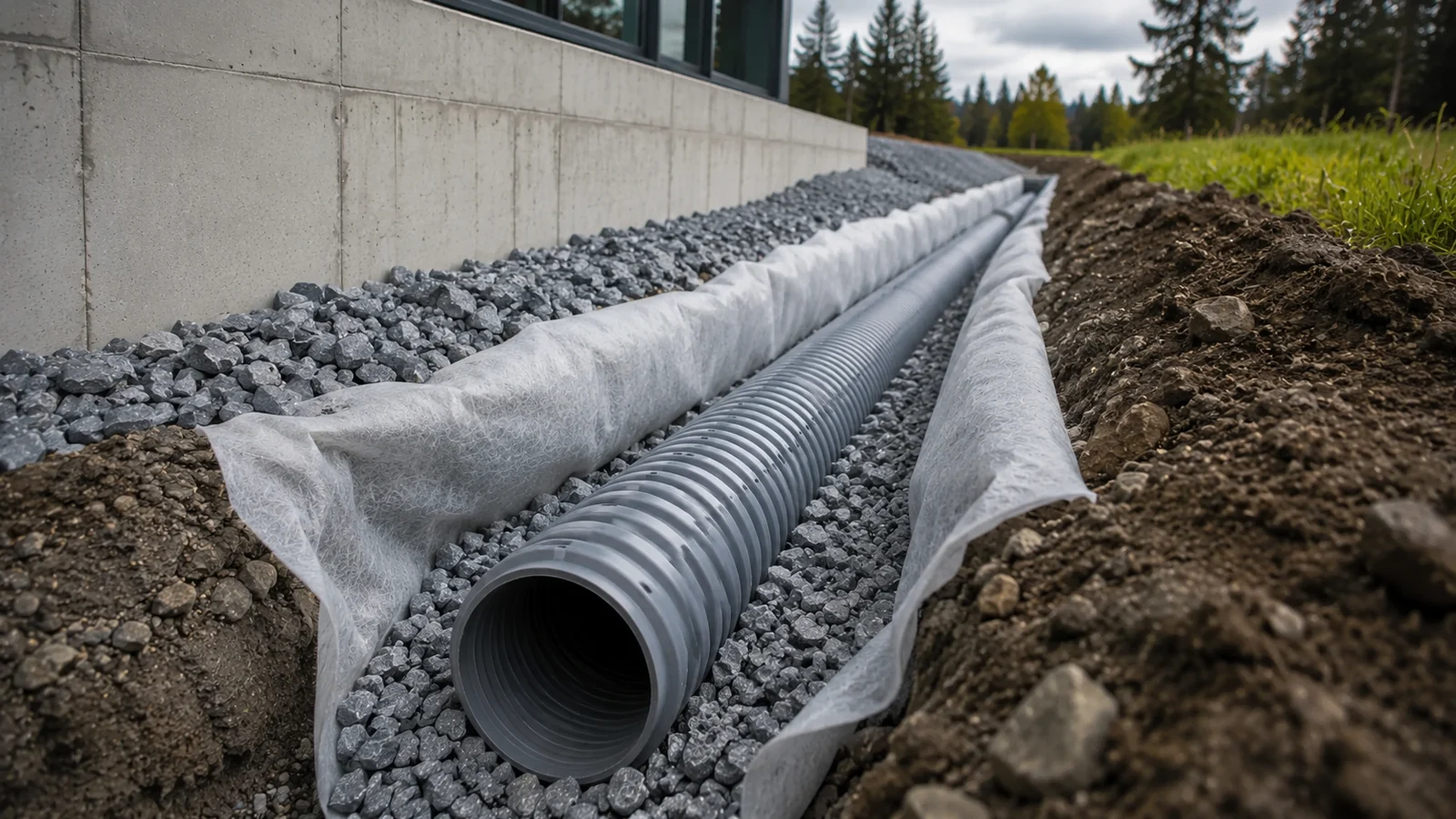 Rura drenarska w geowłókninie przy fundamencie i warstwie kruszywa
